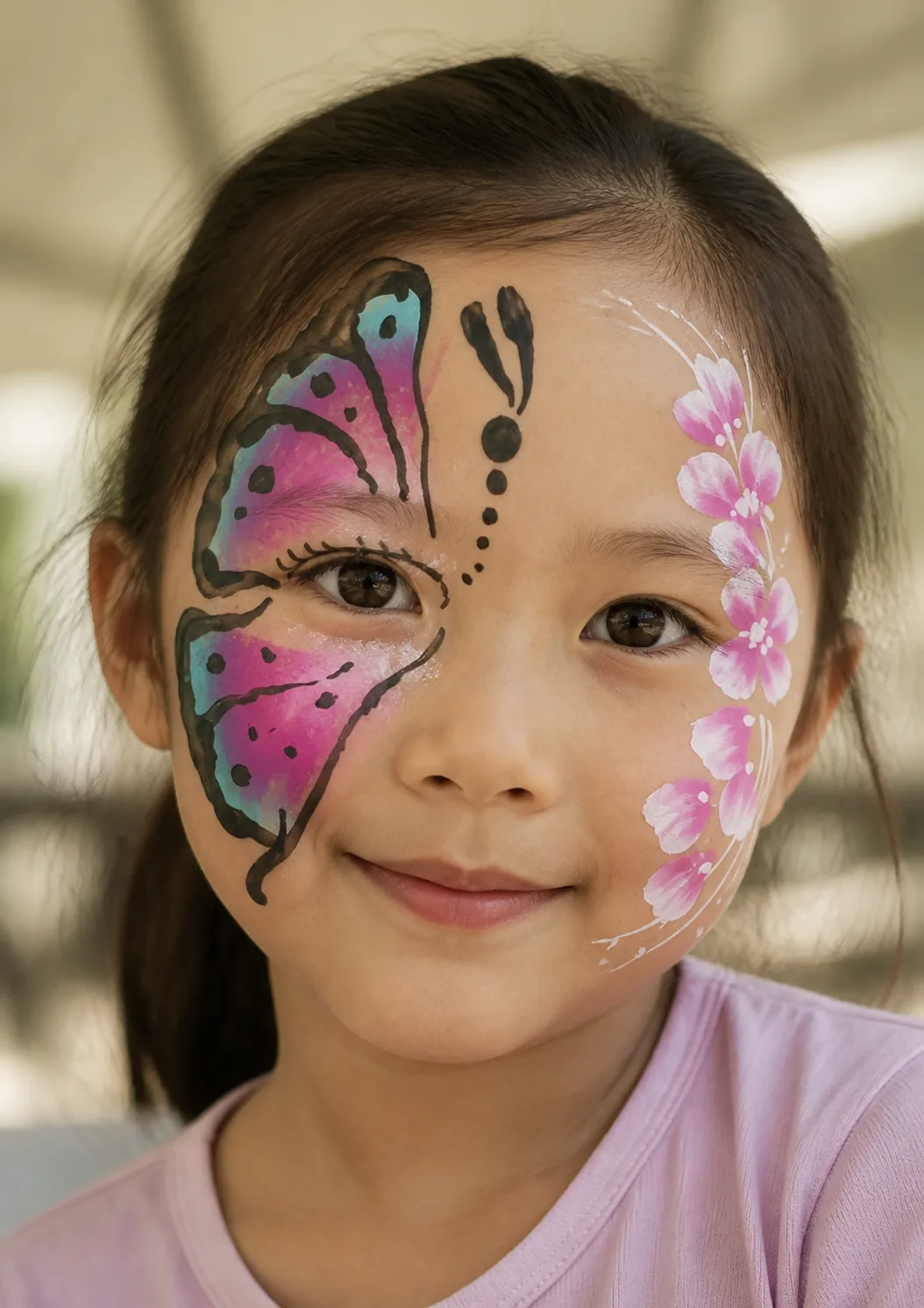 A girl with a pink and turquoise butterfly painted over one eye in bold black linework, with a trail of pink blossom down the opposite cheek